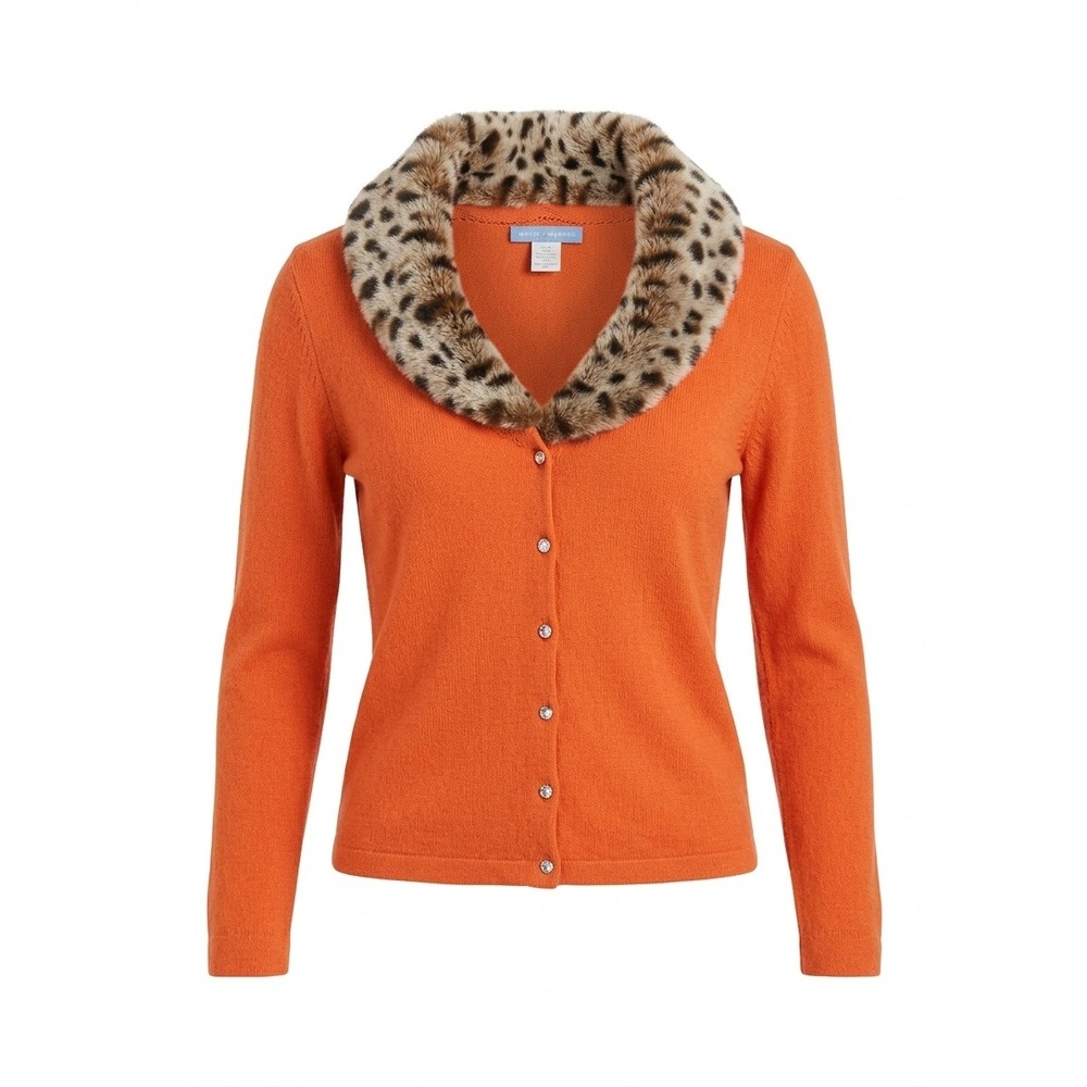 White + Warren Cardigan Womens M Silk Cashmere FauxFur Collar Orange Leopard Y2K